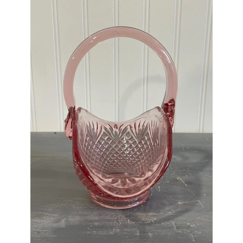 Vintage Pink Depression Glass Basket Diamond Point Starburst Pattern 7.25 Inch